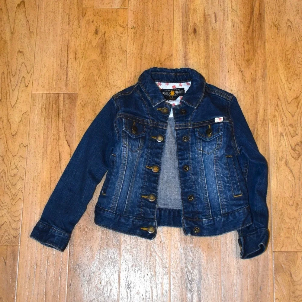 Lucky Brand Denim Trucker Jacket Kids 3T Dark Blue Excellent Clover Print Lining